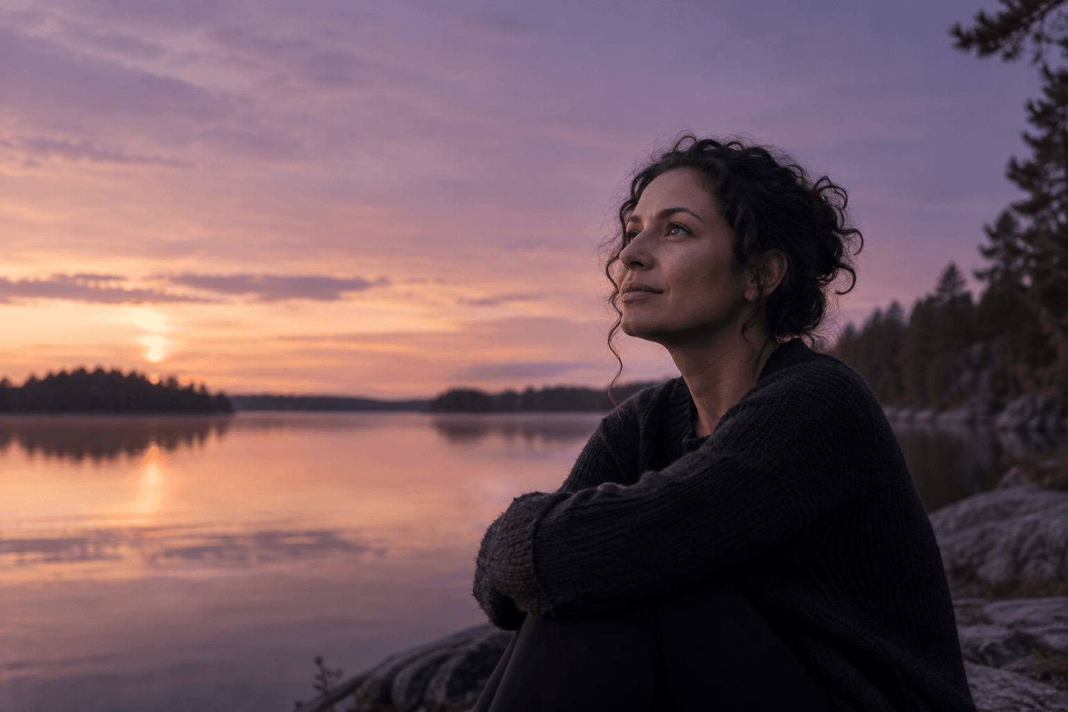 A woman sits quietly by a Nordic lake at dusk, looking up in reflection