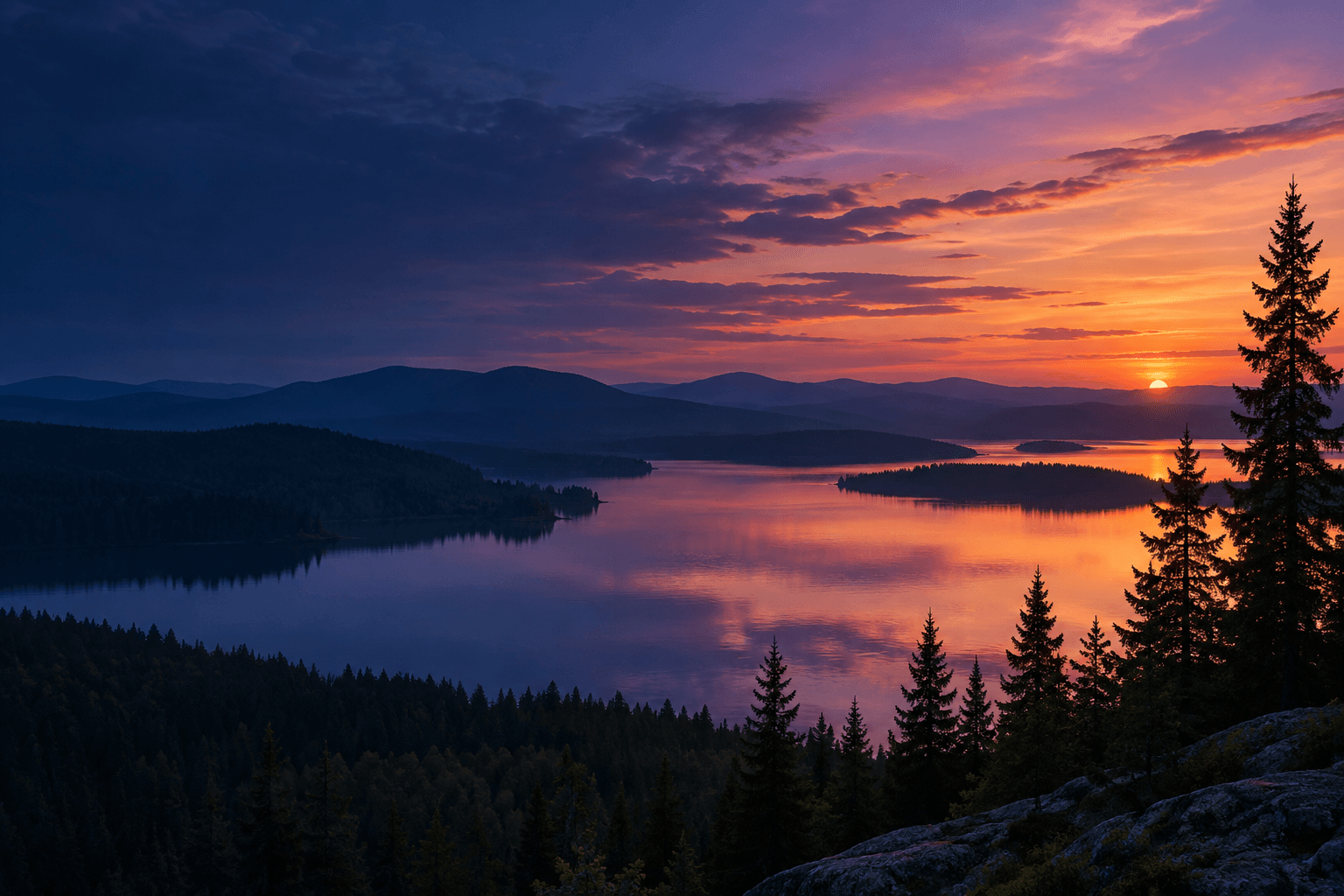 A Finnish lake at dusk with spruce trees and a glowing sunset reflected in still water